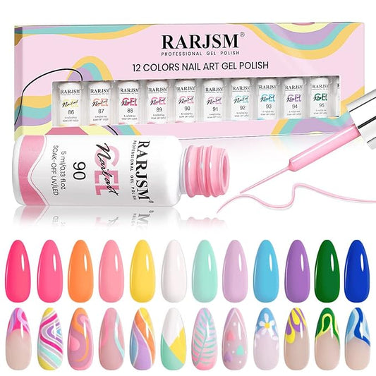 RARJSM Gel Liner Nail Art Polish Set,12 Colors Candy Pastel Painting Spring Summer Line Art Gel Built in Thin Skinny Nail Art Brush Soak Off Curing Needed 5ml for Home Salon Nail Design