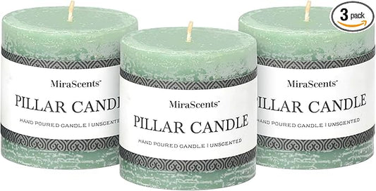 3x3 Inch Sage Green Pillar Candles - Set of 3, Long Clean Burning, Smokeless Dripless Candles for Spring Home Decor, Dinner Table, Bathroom, Rustic Decor