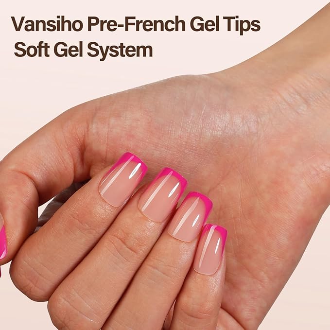 150Pcs French Gel Nail Tips, Vansiho Short Square Nail Tips, Pink Pre-French Tips Press on Nails, Soak Off Soft Gel Acrylic Fake Nails for Nail Art DIY 15 Sizes