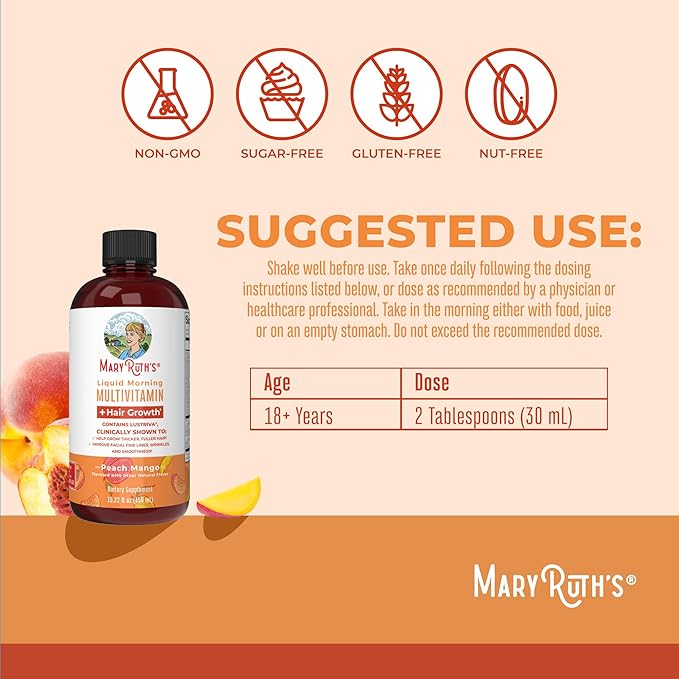 MaryRuth Organics Liquid Multivitamin+Hair Growth | Biotin 10000mcg | Lustriva Hair Growth Supplement | Clinically Tested in Women for Thicker Hair&Facial Wrinkle | Skin Care | Ages 18+ | 15.22 Fl Oz
