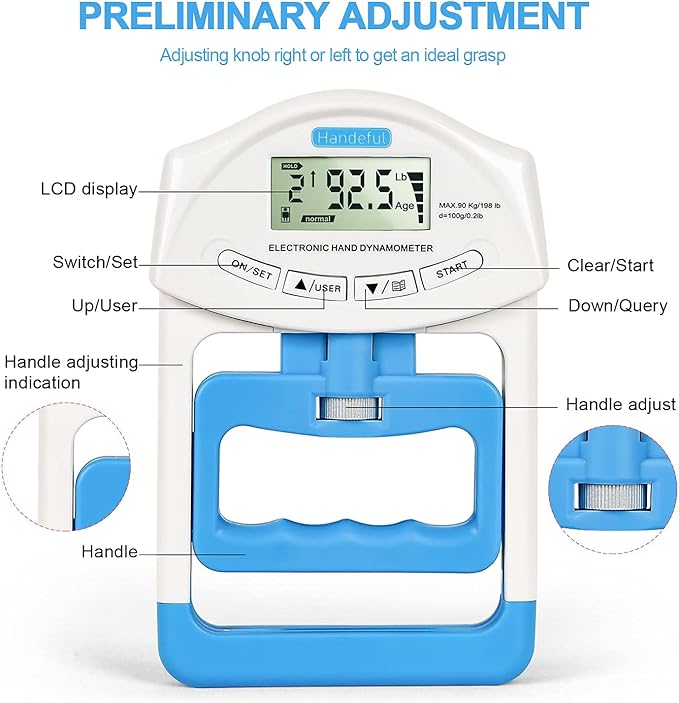 Handeful Grip Strength Tester, Hand Grip Dynamometer (198Lbs / 90Kgs), Electronic Handgrip Testing for Sports Home School Use