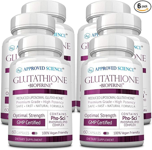 Approved Science® Glutathione - Glutathione 500 mg - Phospholipid Complex, Vitamin C, Bioperine - Top Antioxidant to Help Neutralize Free Radical - Vegan Friendly - 60 Capsules per Bottle - 6 Bottles