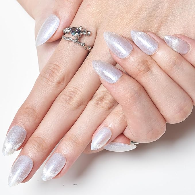 GLAMERMAID French Tip Magnet Cat Eyes Press on Nails Short Almond, Nude White Handmade Jelly Gel Fake Nail, Ombre Pearl Glitter Magnetic Glue on Nail Stiletto, Medium Oval Stick False Nail for Women