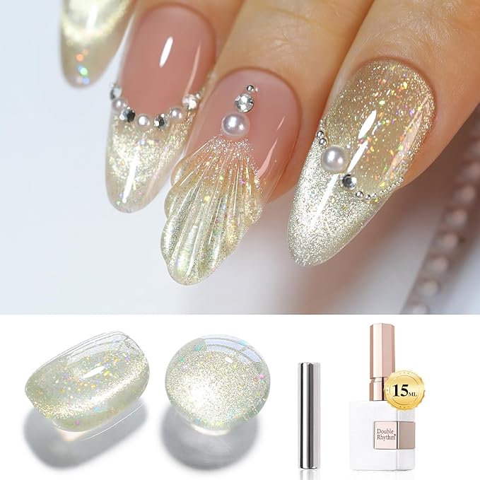 Double Rhythm 0.5 OZ Cat Eye Gel Polish with Magnet 15ML Holographic Glitter Shimmer Translucent Jelly Color Magnetic Nail Polish Salon DIY at Home (MC1060)