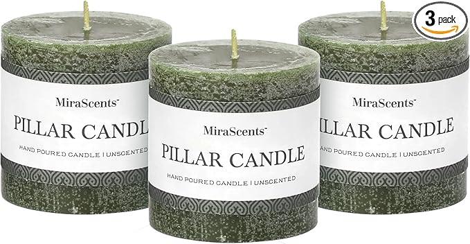3x3 Inch Moss Green Pillar Candles - Set of 3, Long Clean Burning, Smokeless Dripless Candles for Spring Home Decor, Dinner Table, Bathroom, Rustic Decor