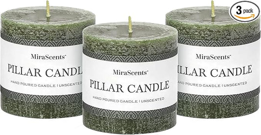 3x3 Inch Moss Green Pillar Candles - Set of 3, Long Clean Burning, Smokeless Dripless Candles for Spring Home Decor, Dinner Table, Bathroom, Rustic Decor