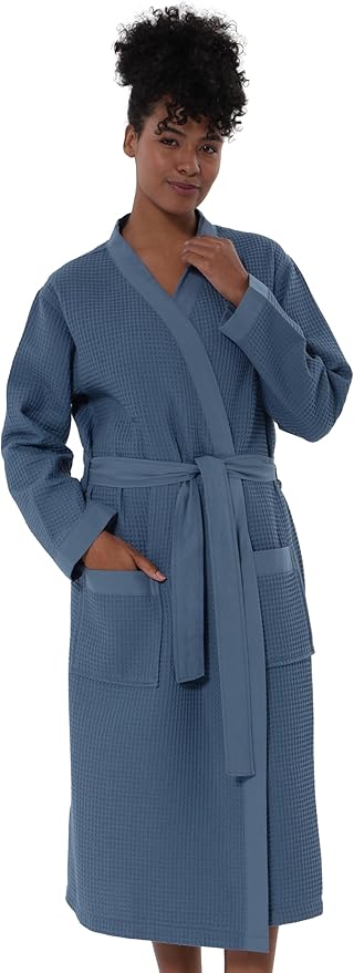 SEYANTE Women’s Luxury Waffle Shawl Collar, Hooded Robe w Piping – Lightweight, Long, Ultra Soft Spa Sleepwear Bathrobe