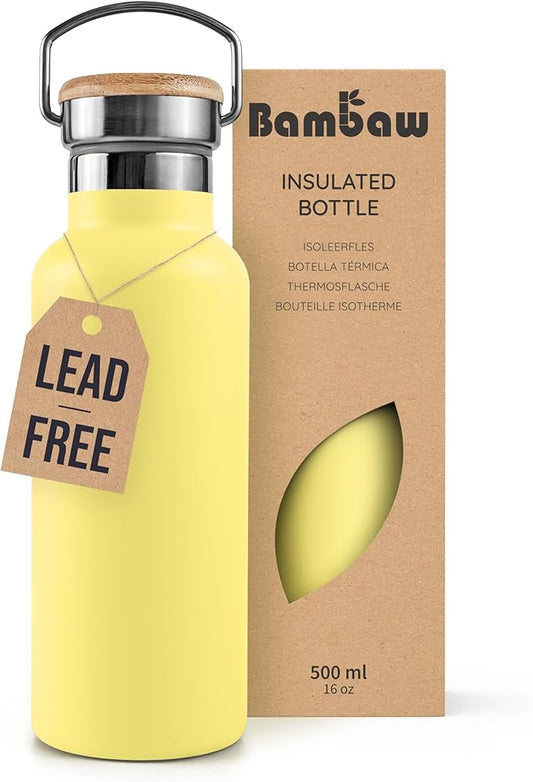 Bambaw Insulated 500ml Flask, Leakproof Yellow Stainless Steel Bottle – Hot Beverage to Go