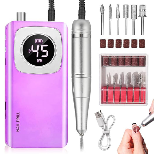 Electric Nail Drill Professional, 45000 RPM Rechargeable Nail Drill Kit, Electric Nail File for Acrylic, Manicure & Pedicure & Polishing Tools for Home Salon, Pink