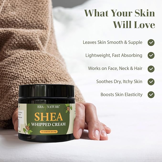 era of nature Shea Butter Whipped Body Cream for Women 16oz - Lightweight Whipped Lotion - Non-Greasy Body Butter Cream Lotion & Balm Moisturizer for Face, Hair & Dry Skin, Vegan Skincare
