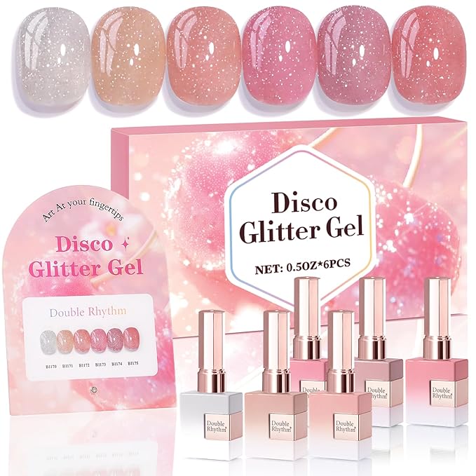 Double Rhythm 0.5 Oz Glitter Gel Polish Set of 6 Color with Display Board 15 ml Full Size Kit Shimmer Reflective Sparkle Soak Off Manicure Salon DIY at Home (Silver Nude Rose Coral Pink-T6-39)
