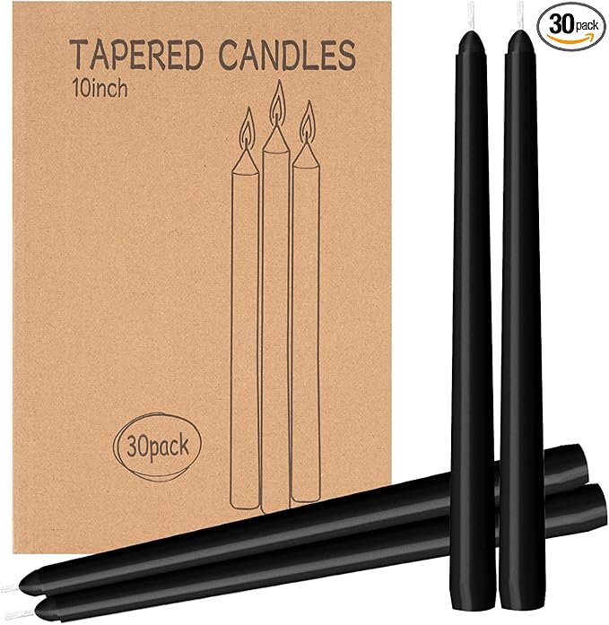 30 Pack Black Taper Candles - Taper Candles 10 Inch Dripless, Smokeless & Unscented - 8 Hours Long Burning - Ideal for Weddings, Dinner Parties, and Home Decor