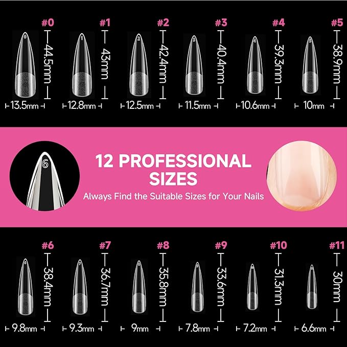 UNA GELLA XXL Stiletto Nail Tips, 312pcs Pre-shape Extra Long Stiletto Nails Tips Pre Etched Full Cover No Need File Clear Fake Nails for Party DIY Christmas Art Salon 12 Sizes
