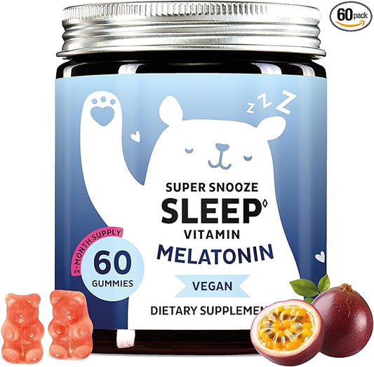 Bears with Benefits Vegan Melatonin 5mg Gummies, Sleep Gummies for Reduced time to Fall Asleep, with Vitamin B6 & Passion Fruit Extract - Super Snooze Sleep Vitamin (60 Gummies)