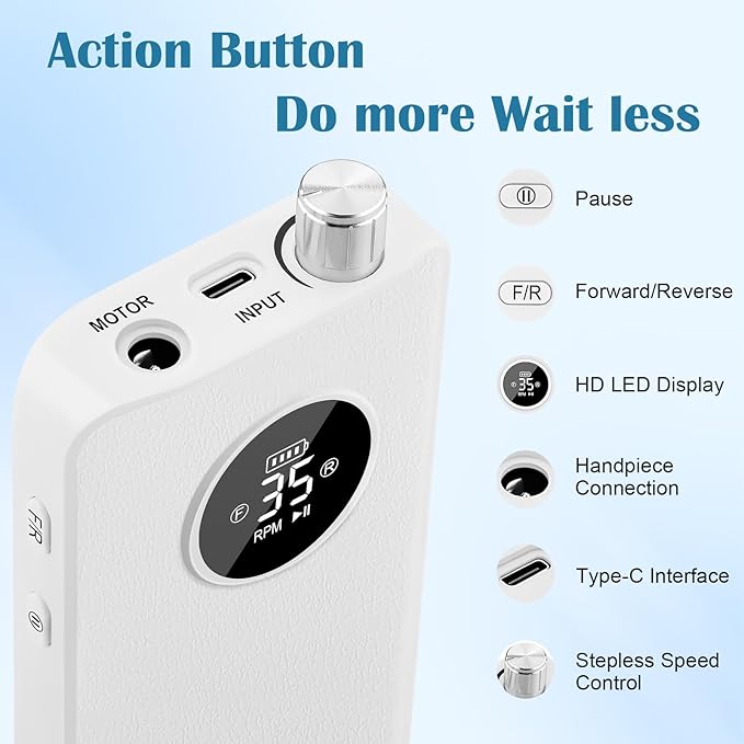 Nail Drill Professional 35000RPM, Cordless Electric Nail File Drills para Uñas, Portable Rechargeable E File 7 Bits Manicure Pedicure Kit for Acrylic Nails Gel Remover Salon Home Tools, White