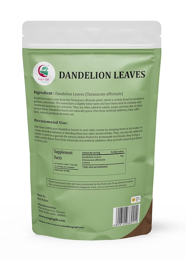 Dandelion Leaves 1 LB, 100% Natural & Pure, Ideal for Dandelion Tea, Herbal Blends & Wellness Uses, 1 LB Bulk Pack, Resealable Bag for Freshness - By Yogi’s Gift®