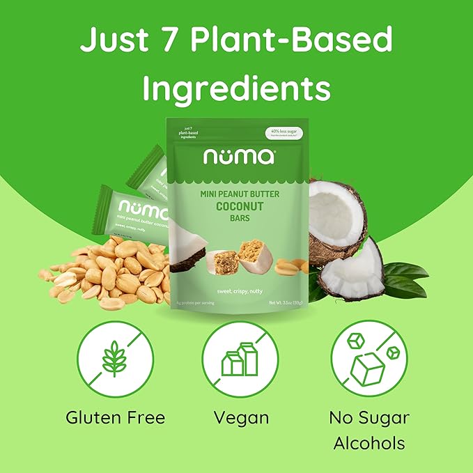 Numa Foods Mini Coconut Peanut Butter Bars – Vegan, Low Sugar, High Protein, All Natural, Gluten Free – Crunchy Plant Based Peanut Butter Snacks – 3 Bags with 8 Individually Wrapped Protein Bars