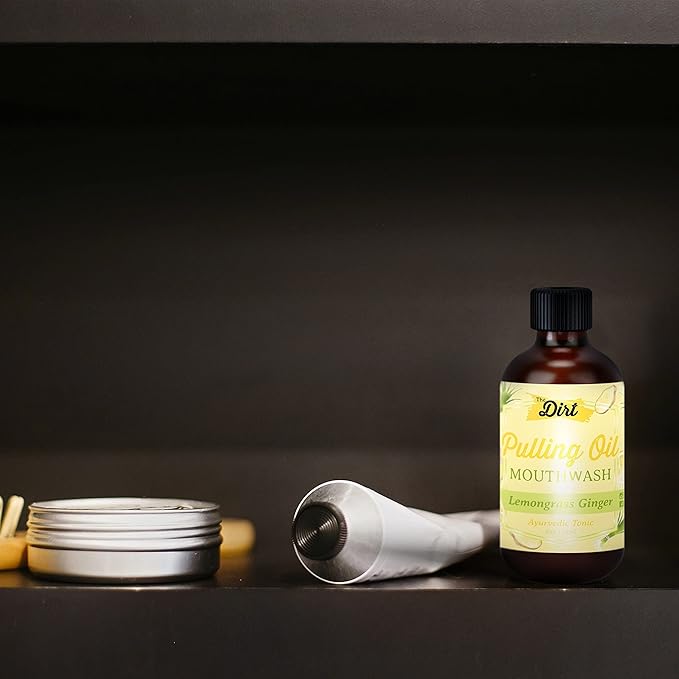 THE DIRT Oil Pulling Mouthwash - Gluten Free - Removes Plaque, Tartar, Bad Breath & Whitens Teeth (Lemongrass & Ginger, 4 Ounce)