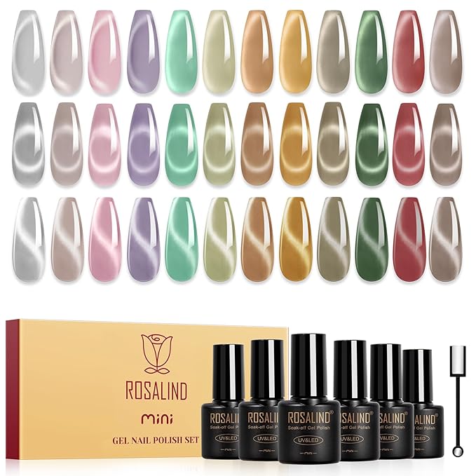 ROSALIND Cat Eye Gel Nail Polish - 12 Colors Jelly Gel Polish Set Translucent Cateye Effect Soak Off UV Set Magic Magnetic Glitter Nail Art Collection with Magnet Stick Manicure Gift for Women