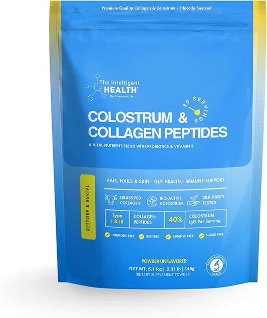 Grass-Fed Colostrum & Collagen Peptides with Probiotics + Vitamin B12 – 800mg IgG for Immune, Gut & Beauty Support – Ethically Sourced, Non-GMO, Hormone-Free, Filler-Free, 30 Servings, 5.11 oz