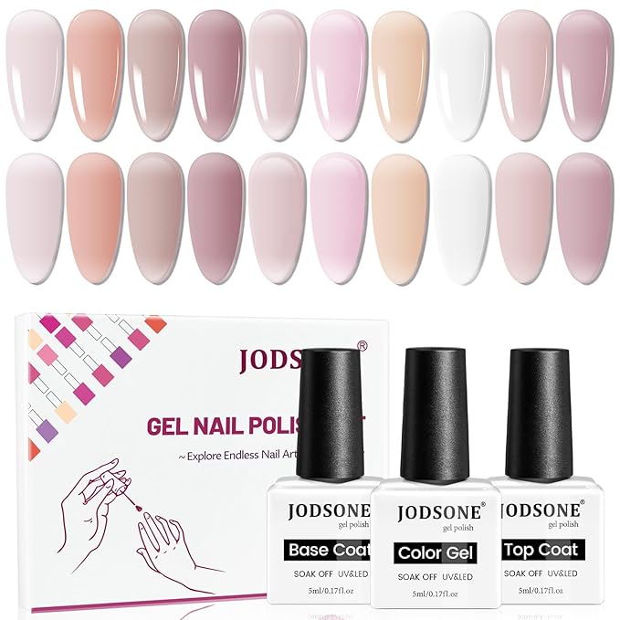 JODSONE 12 PCS Gel Nail Polish Set with Base Coat Top Coat 10 Colors White Pink Nude Jelly Gel Polish Perfect for DIY Nail Art at Home