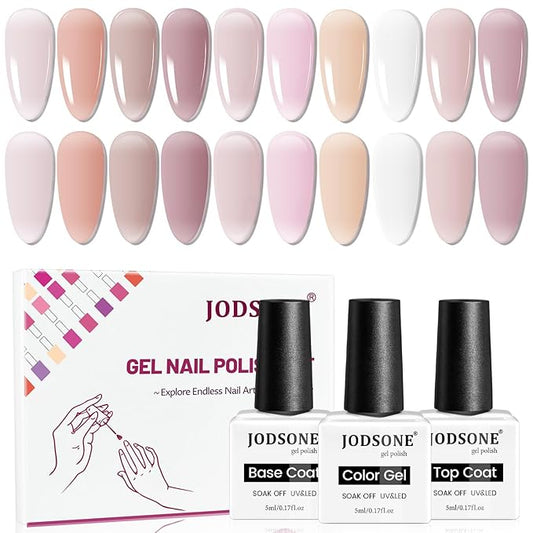 JODSONE 12 PCS Gel Nail Polish Set with Base Coat Top Coat 10 Colors White Pink Nude Jelly Gel Polish Perfect for DIY Nail Art at Home