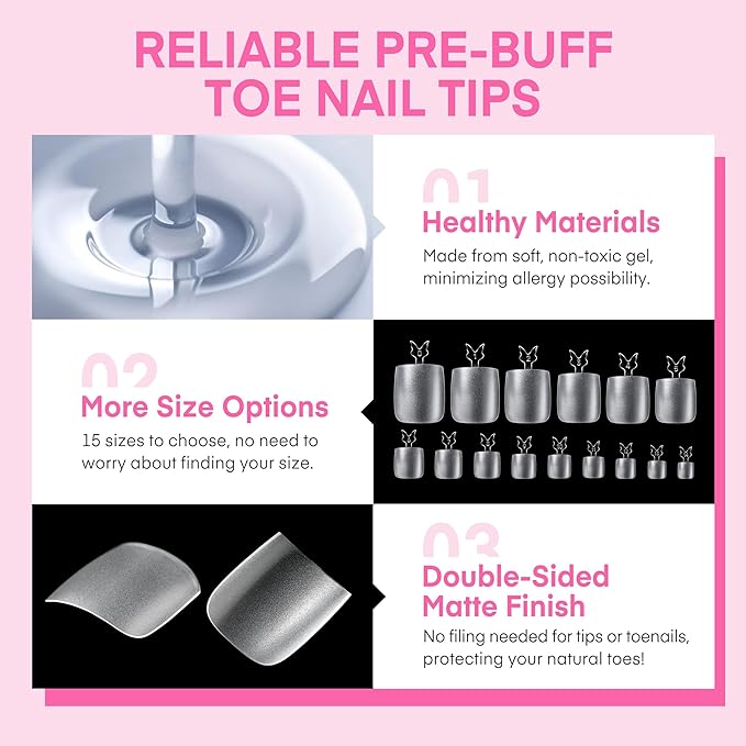 UNA GELLA Square Toe Nail Tips Big Long 312Pcs 15Sizes, Full Cover Soft Gel Toe Nail Tip Pre-Etched Fake Acrylic Toe Nail Press Ons for Big Toe Nail Extensions Pedicure Home DIY Nail Salon Soak Off