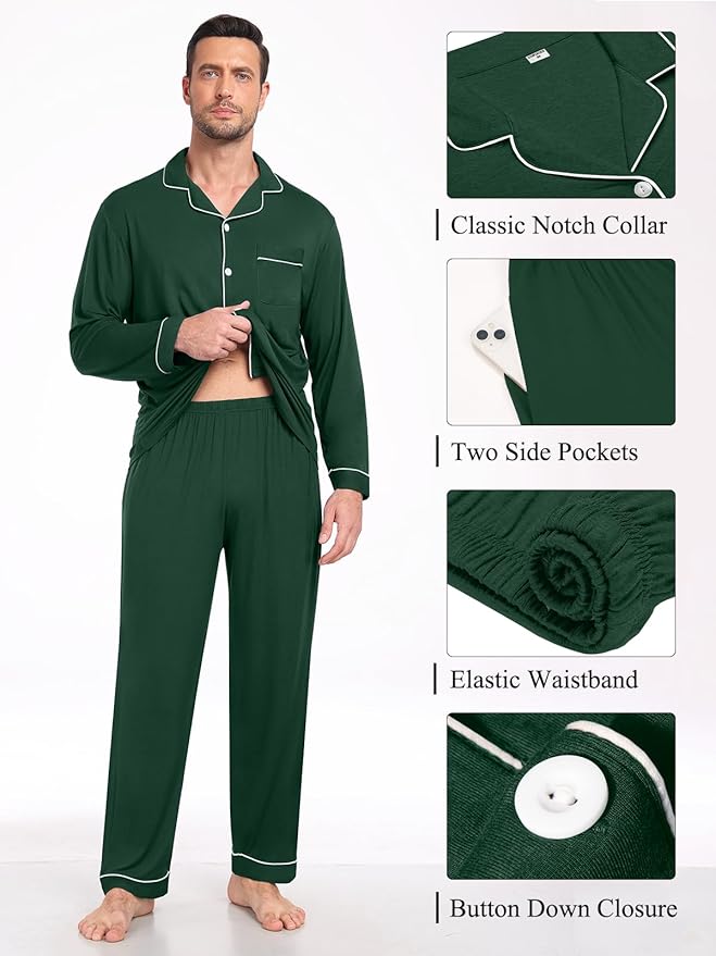 Men Modal Pajama Set Long Sleeve Pjs Button Down Sleepwear Soft Comfy Loungewear Sets 2 Piece Nightwear S-3XL