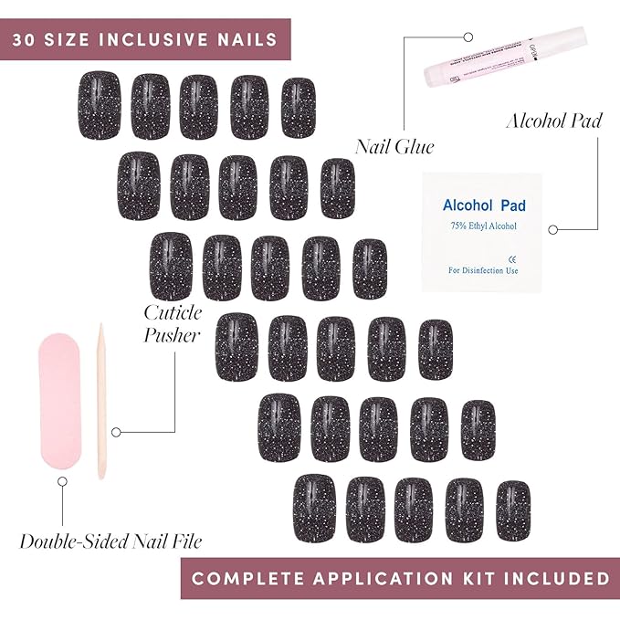 Glamnetic Press On Nails - Cosmic | Semi-Transparent Sparkly Black Short Squoval Fake Nails with a Glossy Finish, Salon Quality | 15 Sizes - 30 Nail Kit with Glue