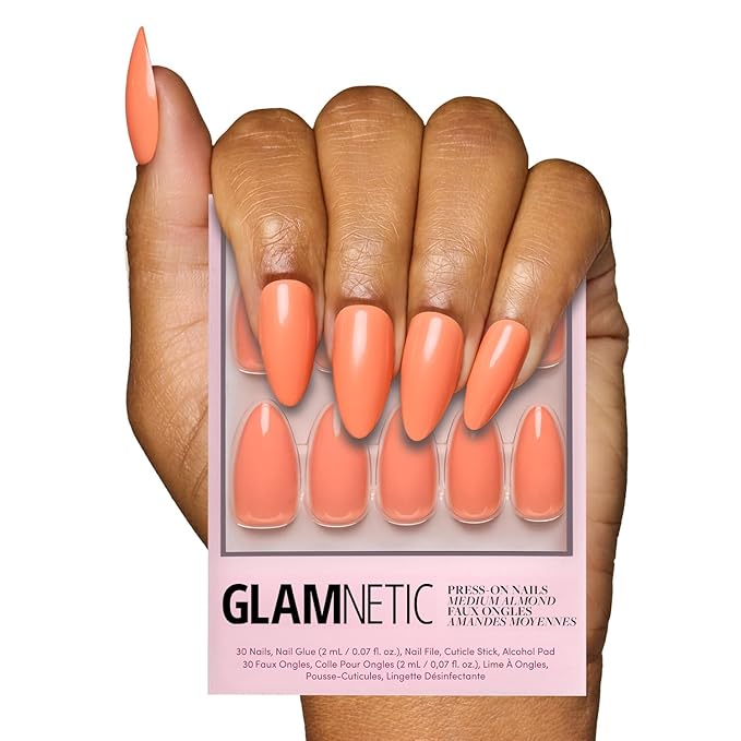 Glamnetic Press On Nails - Soft Tangerine | Medium Almond Orange Fake Nails with Glossy Finish, Salon Quality | 15 Sizes - 30 Nail Kit with Glue