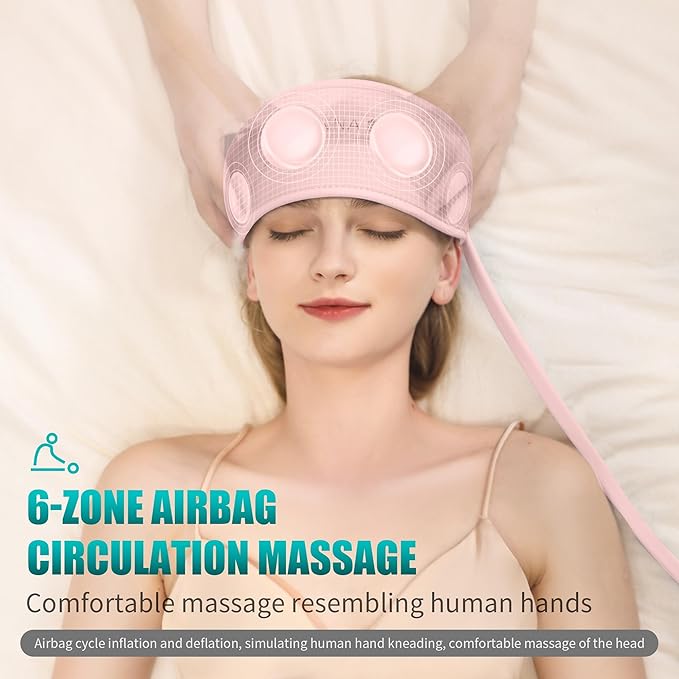 Head Massager,Scalp Massager,Relief Headaches,Fatigue,Stress,Sleep aid,Hangover with Airbag Kneading,Constant Temperature Hot Compress for Head (Pink)