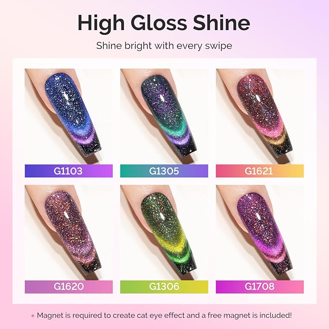 MelodySusie Chameleon Cat Eye Gel Nail Polish Set 6 PCS, 15ml 0.5 Fl Oz Nude Pink Silver Glitter Holographic Magnetic Nail Polish with Magnet, UV Nail Polish for Nail Art Manicure Salon DIY at Home