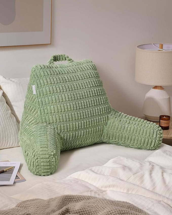 Blissful Diary Reading Pillow, Large Backrest Pillow with Shredded Memory Foam for Adult & Children, Designed for Bed and Couch Sitting Up, Includes Arms, Pockets and Washable Cover, Sage Green
