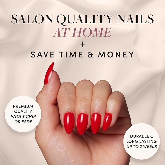 Glamnetic Press On Nails - Fiery Red | Opaque Bright Red Short Almond Fake Nails, Salon Quality | 15 Sizes - 30 Nail Kit