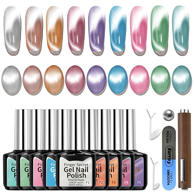 Gel Nail Polish Set, Cat Eye Gel Polish Kit, Holographic Reflective Magnetic Shimmer Blue Red Brown Purple Green Gray Glitter Nail Art, Manicure Salon DIY, Soak Off, UV/LED Cured (9 Colors F)