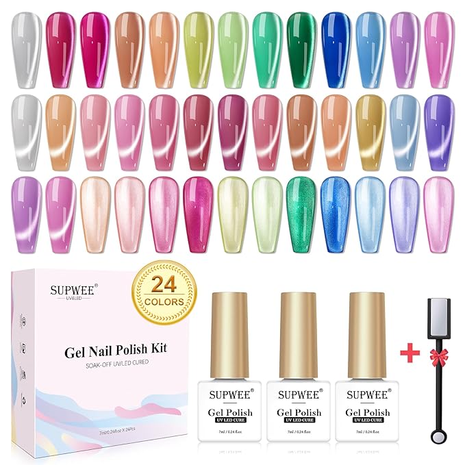 24 Colors Cat Eye Gel Nail Polish Set, Summer Magnetic Nail Gel Polish Silver Nude Pink Blue Cateye Gels for Nails Varvish Home DIY