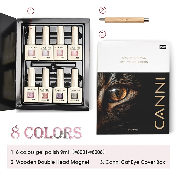 CANNI 8 Pcs 9 ML Cat Eye Gel Nail Polish Set, Jelly Pink Red Purple Glitter Holographic Cat Eye Gel Polish Kit with Magnet Shimmer Colors Soak Off Led Manicure Salon DIY Gifts
