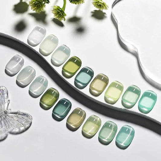 JODSONE 9 Cyan Colors Jelly Gel Nail Polish Set with Base Coat Top Coat Women's Holiday Gifts