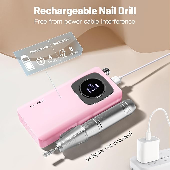 Rechargeable Electric Nail File Professional: Madenia 45000RPM Portable Efile Nail Drill Kit, Cordless E File Nail Drill Machine for Acrylic Gel Nails Salon Home Manicure Use, Pink