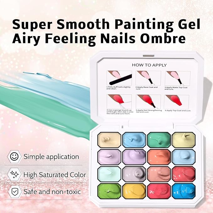 Sponge Pat Paint Nail Gel, Ombre Nails Gradient Gel Nail Blush Blooming Aura Nails Drawing Stripper Floral Painting DIY Nail Art, No Wipe, UV/LED Curing (16 Colors G)