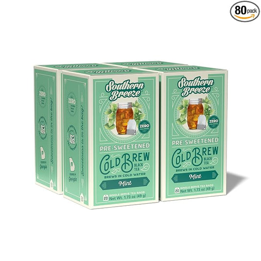 Southern Breeze Cold Brew Sweet Tea Mint Iced Tea with Black Tea and Zero Carbs Zero Sugar, 20 Individually Wrapped Tea Bags (Pack of 4) Southern Sweet Tea Iced Tea Beverage