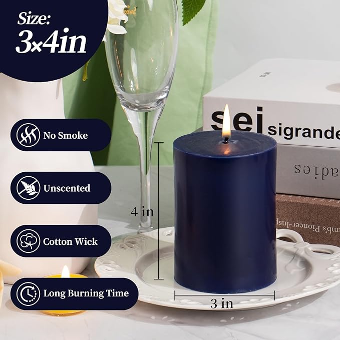 KONNI Navy Blue Pillar Candles Set of 3, 3"x 4" Unscented Pillar Candles Bulk, 39 Hours Long Burning Candles, Smokeless&Dripless Large Round Candle for Wedding, Home Decoration, Parties, Spas, Dinner