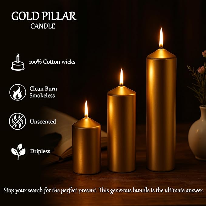 18 Pcs Gold Pillar Candles Bulk Set，Hurricane Candles，3 Different Lengths (6 Each)，Dripless Unscented Smokeless，Suitable for Decorating Christmas, Weddings, and Other Events！