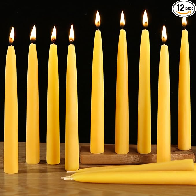 12 Pack Beeswax Taper Candles,8in Dripless Pure Beeswax Candles Non Toxic,8 Hours Long Burning 100% Natural Candle Sticks,Smokeless and Unscented Bees Wax Candle for Home,Prayer,Tall Tapered