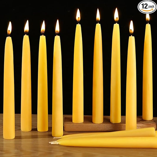12 Pack Beeswax Taper Candles,8in Dripless Pure Beeswax Candles Non Toxic,8 Hours Long Burning 100% Natural Candle Sticks,Smokeless and Unscented Bees Wax Candle for Home,Prayer,Tall Tapered