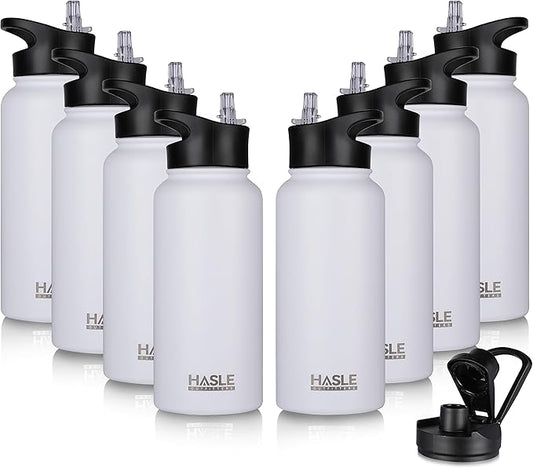 HASLE OUTFITTERS 32 oz Insulated Water Bottle Stainless Steel Double Walled Vacuum Sports Water Bottle with 2 Lids (Straw and Spout Lid) for Gym Camping Hiking(White,8)