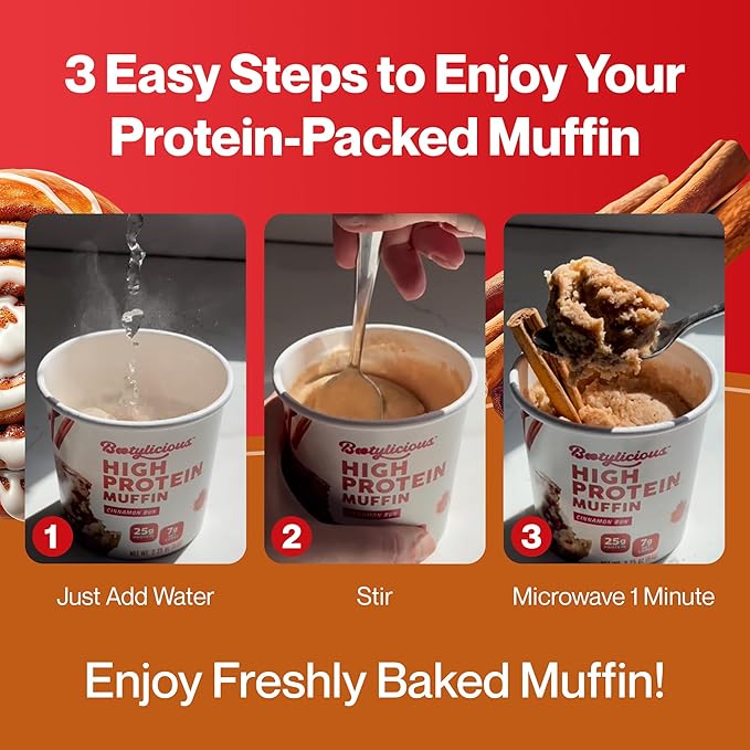 Bootylicious | High-Protein Muffin | 25g Protein, 7g Net Carbs, 2.32-2.75oz Cup, 12-Pack (Cinnamon Bun)