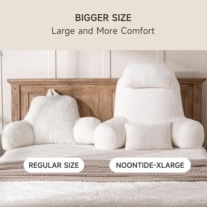 NOONTIDE Reading Pillow for Sitting up in Bed and Couch,32" X-Large Back Pillow for Adult & Teens with Soft Adjustable Neck Roll Backrest Pillow,Washable Cover,Watching TV/Gaming/Relaxing(FurryWhite)
