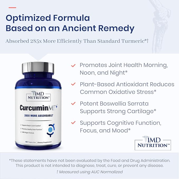 1MD Nutrition CurcuminMD Plus - Turmeric Curcumin with Boswellia Serrata - 285x More Absorbable | Joint Stiffness, Muscle Recovery, and Mood Support | 180 Capsules (3-Pack)
