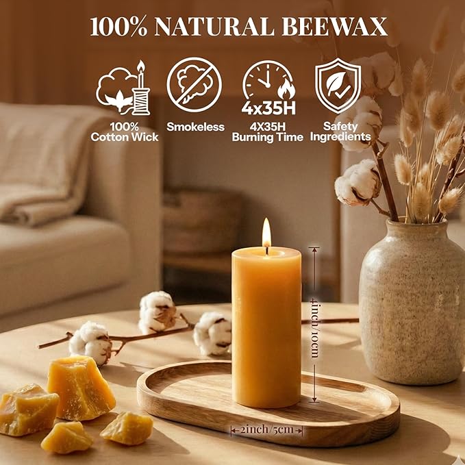 Natural Beeswax Candles 4 Packs, 100% Pure Beeswax Pillar Candles with 140 Hours Long Burning Time, Organic Bee Wax Candle for Home, Paryer, Parties Smokeless & Dripless, 2x4 inch